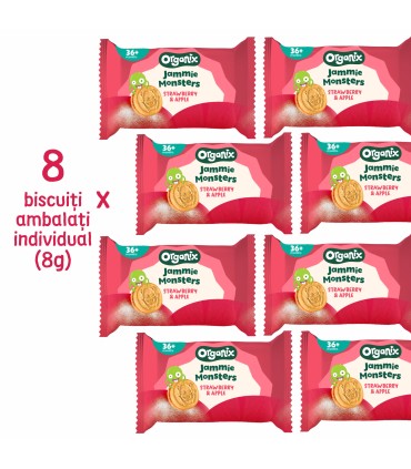 ORGANIX - Biscuiti ECOLOGICI (BIO) ”JAMMIE MONSTERS” CU UMPLUTURA DE CAPSUNI SI MERE, 64G, 36luni+