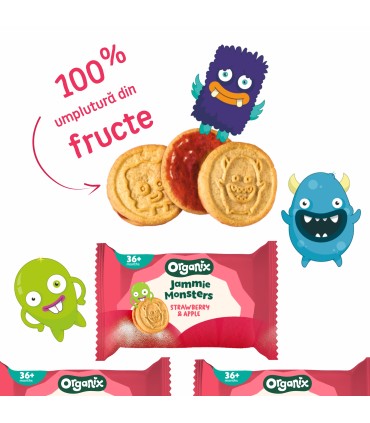 ORGANIX - Biscuiti ECOLOGICI (BIO) ”JAMMIE MONSTERS” CU UMPLUTURA DE CAPSUNI SI MERE, 64G, 36luni+