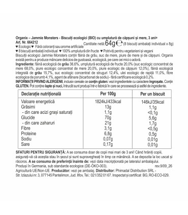 ORGANIX - Biscuiti ECOLOGICI (BIO) ”JAMMIE MONSTERS” CU UMPLUTURA DE CAPSUNI SI MERE, 64G, 36luni+