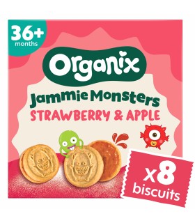 ORGANIX - Biscuiti ECOLOGICI (BIO) ”JAMMIE MONSTERS” CU UMPLUTURA DE CAPSUNI SI MERE, 64G, 36luni+
