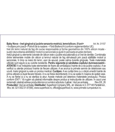 Baby Nova –  Inel gingival și jucărie senzoriala, lemn/silicon, 0luni+