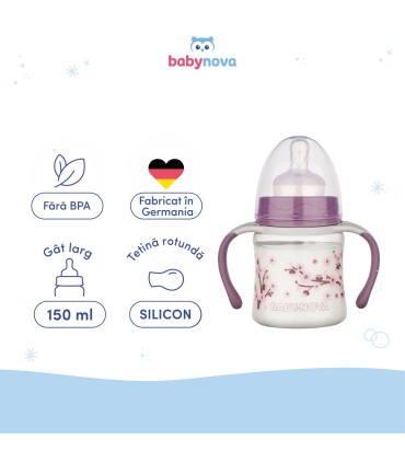 Baby Nova - Biberon tranziție, cu mânere, găt larg, PP, 150ml, 0-24luni