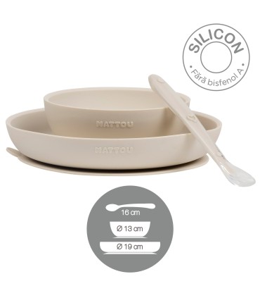 Nattou - Set silicon farfurie si castronel cu ventuza si lingurita, Crem