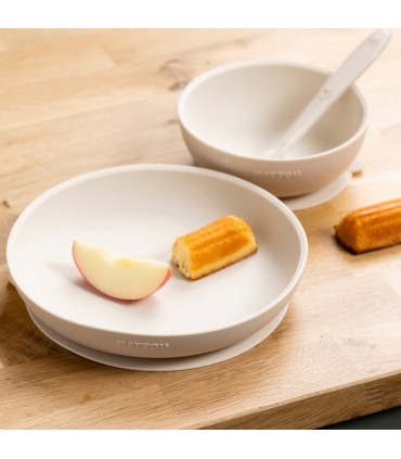 Nattou - Set silicon farfurie si castronel cu ventuza si lingurita, Crem