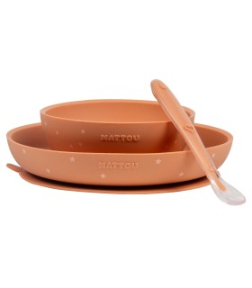 Nattou - Set silicon farfurie si castronel cu ventuza si lingurita, caramiziu