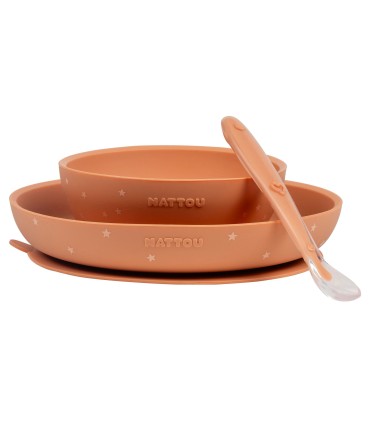 Nattou - Set silicon farfurie si castronel cu ventuza si lingurita, caramiziu