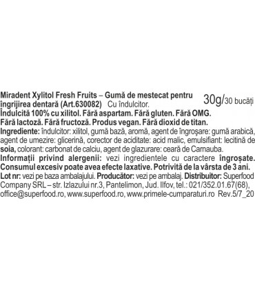 Miradent Xylitol - Gumă de mestecat pentru îngrijirea dentară, fresh fruits, 30buc