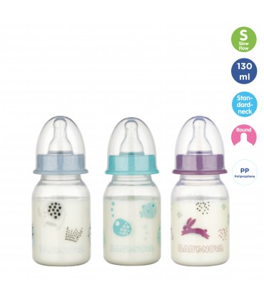 Baby Nova - BIBERON  PP FARA BPA, 120 ML, DECOR ANIMALUTE, TETINA ROTUNDA, SLOW
