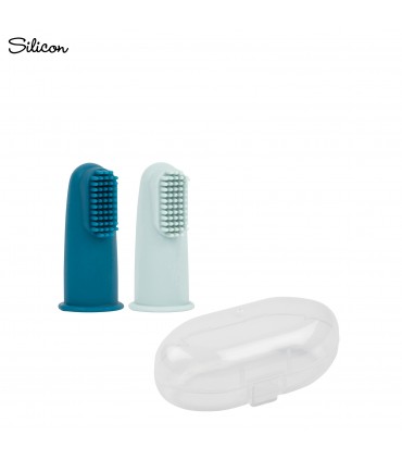 Set 2 degetare din silicon si cutie de protectie, albastru si bleu, 6 luni+