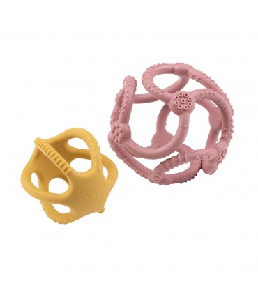 Set 2 mingi din silicon pentru dentitie, roz si galben, 0 luni+