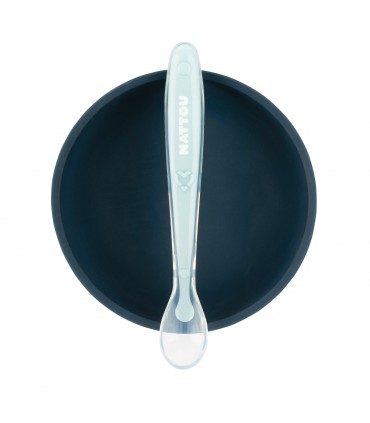 Set silicon castronel cu ventuza si lingurita, albastru