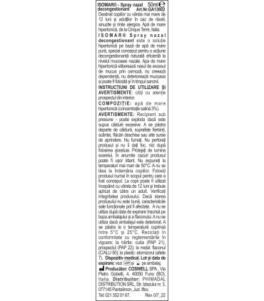 ISOMAR - Spray nazal cu efect decongestionant cu apa de mare hipertonica, 50ml, 12+