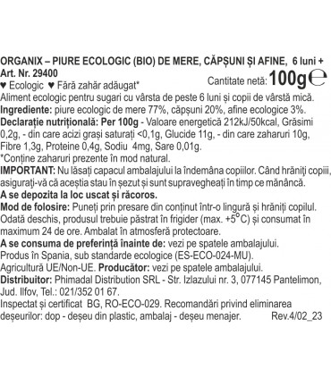 ORGANIX PIURE ECOLOGIC (BIO) DE MERE, CAPSUNI SI AFINE, 100G, 6luni+