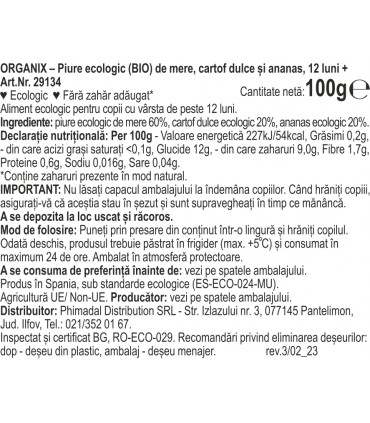 ORGANIX PIURE ECOLOGIC (BIO) DE MERE, CARTOF DULCE ȘI ANANAS, 100G, 12luni+