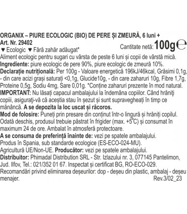 ORGANIX PIURE ECOLOGIC (BIO) DE PERE SI ZMEURA, 100G, 6+